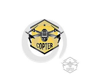 Isolated hexagon shape yellow color quadrocopter logo on white background, unmanned aerial vehicle logotype, rc drone