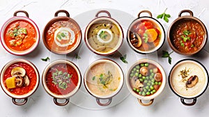 Isolated hot food in a restaurant. Japanese miso, Asian fish soup, Russian borscht, English pea soup, mushroom soup