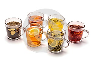 Isolated Hot Tea Sampler Gift Set On White Background. Different Teas With Herbs