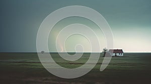 Isolated house in the farm field, with a distant thunderstorm and tornado approaching. Generative AI