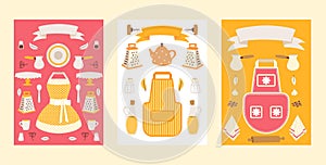 Isolated household icons on set of banners, kitchenware utensils, vector illustration