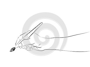 Isolated human hand side view holding brush sketch vector