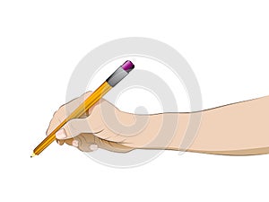 Isolated human hand side view holding pencil vector