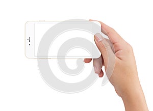 Isolated human right hand holding white mobile phone
