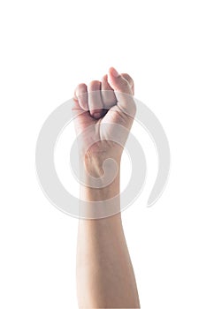 Isolated human`s arm with fist gesture on white background clipping path for Women rights empowering, international women`s day