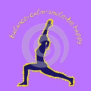 Isolated human silhouette stands in a yoga pose on violet background.  Vector sign of stands  at Crescent pose woman with aura