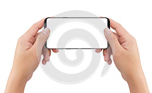 Isolated human two hands holding black mobile white display smartphone