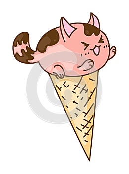 Isolated ice-cream cone with meowing stretching cat