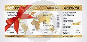 Isolated icoGolden Boarding pass ticket, traveler check template with aircraft airplane or plane silhouette, red bow, ribbon o