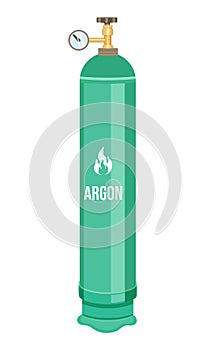 Isolated icon of argon gas in green container, balloon, under pressure, with manometer, flammable