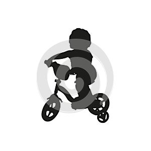 Isolated icon of blak silhouette of child girl on bicycle on white background