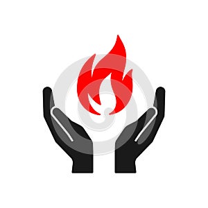 Isolated icon of flame in hands on white background. Silhouette of red fire and black hands. Symbol of healing
