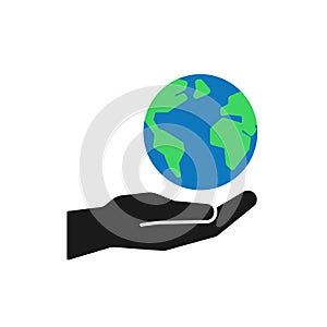 Isolated icon of green planet, earth in black hand on white background. Color globe and hand. Symbol of care, protection. Save