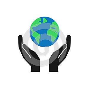 Isolated icon of green planet, earth in black hands on white background. Color globe and hands. Symbol of care, protection. Save