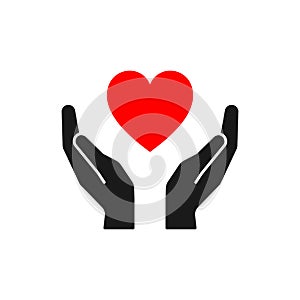 Isolated icon of red heart in black hands on white background. Silhouette of heart and hands. Symbol of care, love, charity