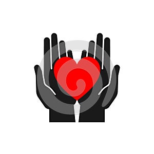 Isolated icon of red heart in black open hands on white background. Silhouette of heart and hands. Symbol of care, love, charity