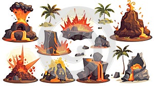 Isolated icon set of rocks exploding with magma, volcano mountain eruption cartoon illustration. Lava erupt clipart