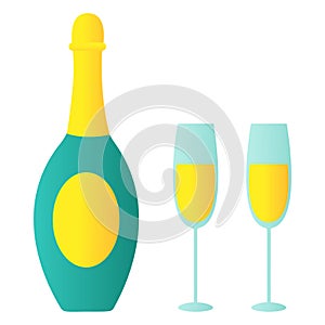 Isolated illustration of Bottle of champagne bubbly, two glasses. Vector for Christmas time, New Year, Birthday party