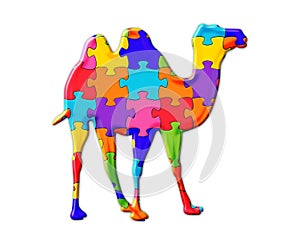 Isolated illustration of a camel consisting of colorful puzzle pieces on white background