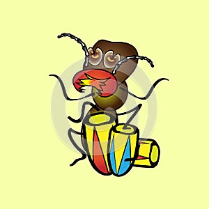 Isolated illustration cartoon. A hungry termite who plays the drums. Vintage