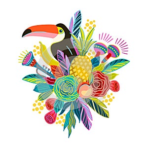 Isolated illustration with flowers and toucan. Brazil carnival. Vector design for carnival concept and other