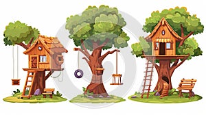 An isolated illustration of a hut or tree house for play, games and activities for children. Cartoon modern illustration