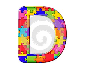 Isolated illustration of the letter D consisting of colorful puzzle pieces on white background