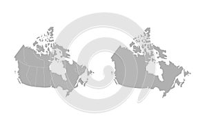 isolated illustration of simplified administrative map of Canada. Borders of the provinces (regions). Grey silhouettes.