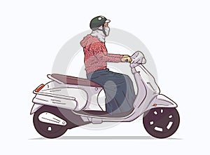 Isolated illustration of woman riding moped, motorcycle from side view in color