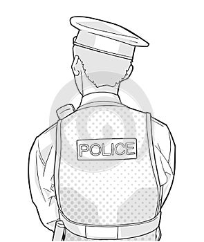 Isolated illustration of young male police officer wearing uniform and standing with his back