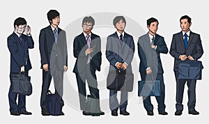 Isolated illustrations of young asian office workers wearing suits in color