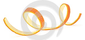 Isolated image of fresh zest orange on white background. Swirly orange peel. Twist of citrus peel
