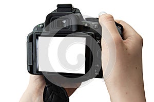 Isolated image of hands holding digital camera. Clipping path. Isolated background