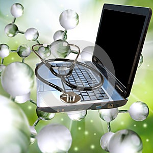 Isolated image of laptop and stethoscope close-up