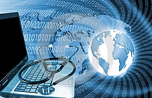 Isolated image of laptop and stethoscope close-up