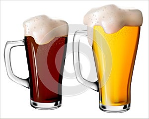 An isolated image of light and dark beer with foam in glass mugs.