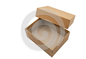 Isolated image of opened brown hard box, hard cardboard package with separate box cover and body on white background. Fat and