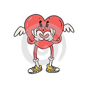 Isolated image of a retroo cartoon heart showing a heart shape with hands. Vintage character shows heart gesture in