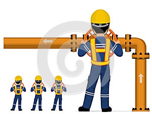 Isolated industrial worker is operate valve on white background