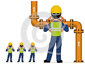 Isolated industrial worker is operate valve on white background