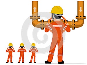 Isolated industrial worker is operate valve on white background