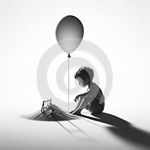 Isolated Innocence: Black and White Portrait of Little Boy and Balloon