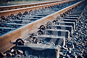 Isolated iron made railway tracks unique black and white photo