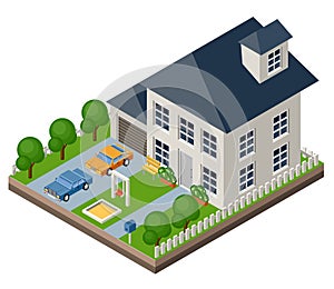 Isolated isomatic cottage. Country life. Garage. Green grass. Lawn. Swing. Vector illustration photo