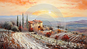 Isolated Italian House: A Golden Light Winter Landscape Painting