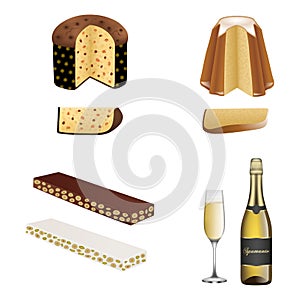 Isolated italian traditional christmas cakes. Panettone, pandoro, torrone and spumante bottle with glass