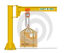 Isolated Jib crane with wooden crate on transparent background