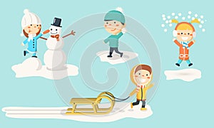 Isolated kids illustrations in winter.