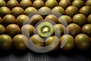 Isolated kiwi wedge among a collection of whole, ripe kiwis