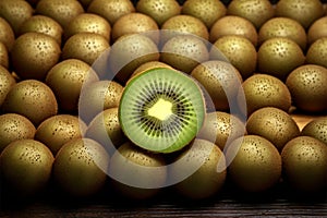 Isolated kiwi wedge among a collection of whole, ripe kiwis